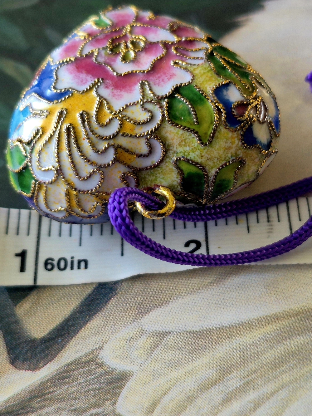 Floral Cloisonné Heart Pendant Necklace - Purple, Blue & Green - Picture 9 of 10